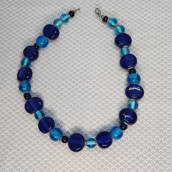 Chunky Blue Glass Beaded Necklace Retro Statement Jewelry - Picture 5 of 8